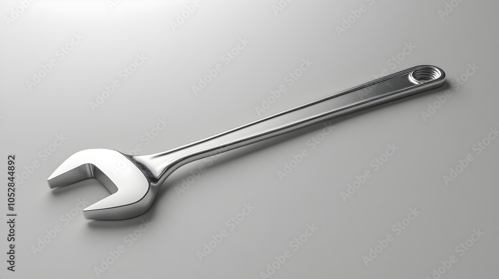 Metallic Wrench on Plain Gray Background with Studio Lighting Metallic Wrench on Plain Gray Background with Studio Lighting