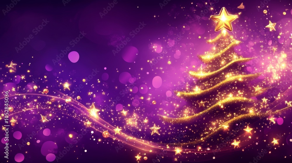 Abstract Christmas tree adorned with golden stars on a vibrant purple backdrop creates a festive atmosphere for the holiday season Abstract Christmas tree adorned with golden stars on a vibrant purple backdrop creates a festive atmosphere for the holiday season