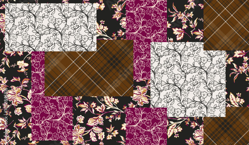 Patchwork pattern with floral and indian motifs. damask style pattern for textil and decoration.
