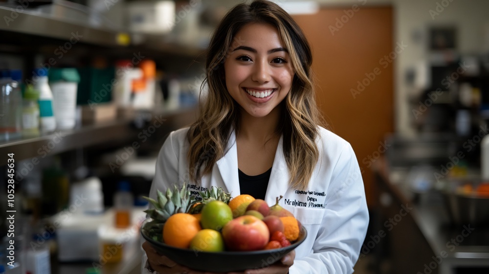 A smiling woman in a white lab coat holds a bowl of fruit. A smiling woman in a white lab coat holds a bowl of fruit.