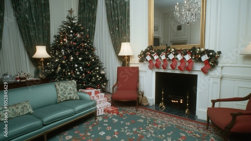Classic American holiday scene with a Christmas tree in the living room stockings over the fireplace