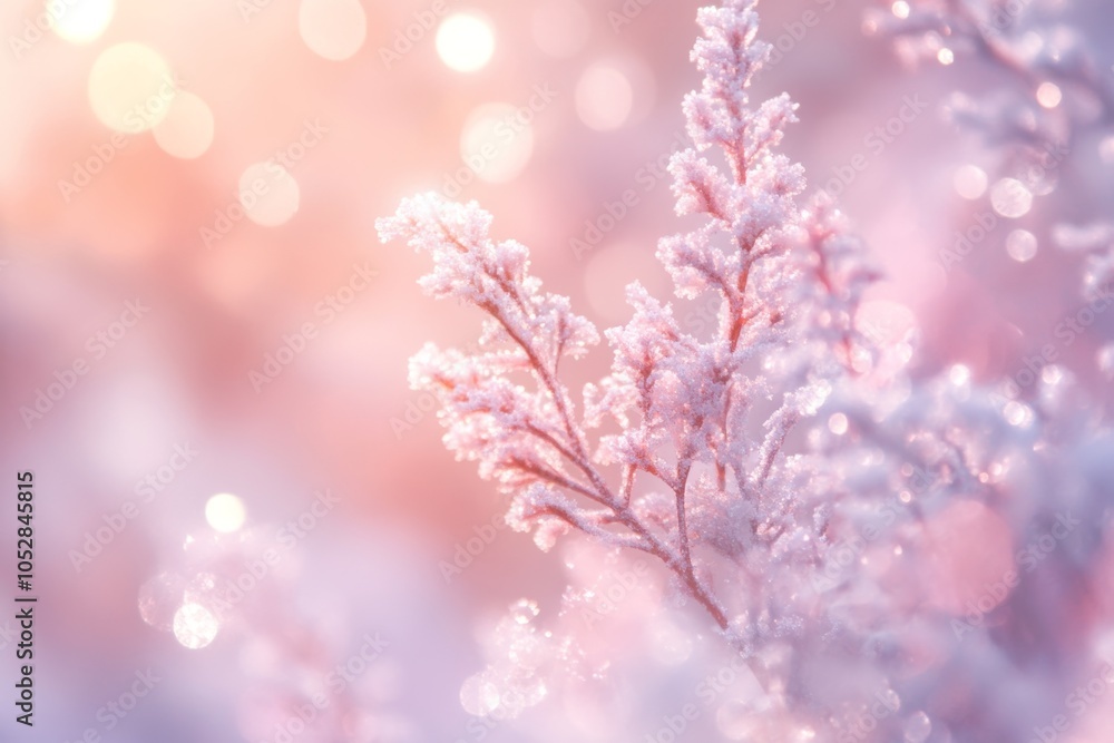Fototapeta premium Delicate pink and white snowflakes create a soft, dreamy atmosphere with enchanting bokeh lights in the background