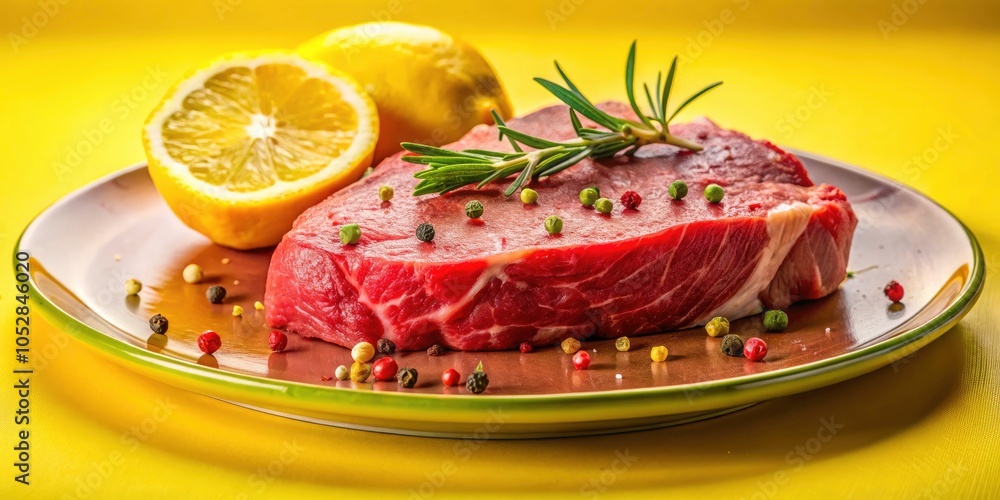Raw Beef Steak with Pepper and Lemon on Bright Yellow Plate - Vibrant Food Photography for Culinary Art, Cooking, and Recipe Inspirations Raw Beef Steak with Pepper and Lemon on Bright Yellow Plate - Vibrant Food Photography for Culinary Art, Cooking, and Recipe Inspirations