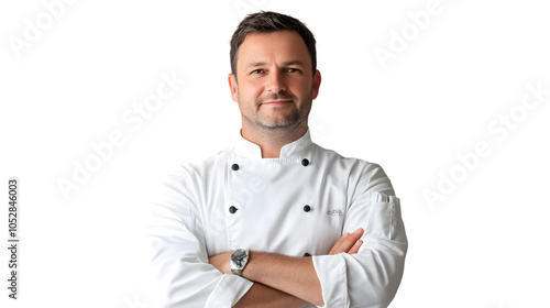 Portrait of a Chef in a Hotel Kitchen on White Background,