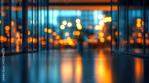 An empty office chair at night in an atmospheric corporate setting, illuminated by soft city lights outside the large glass windows