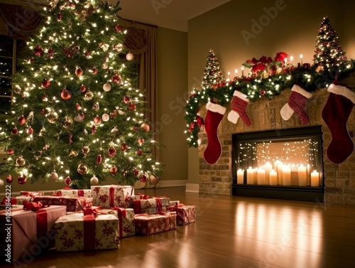Classic Christmas tree in a Victorian-style American home vintage holiday decorations