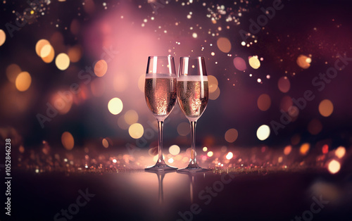 Two champagne flutes filled with sparkling wine stand on a table with bokeh lights in the background.