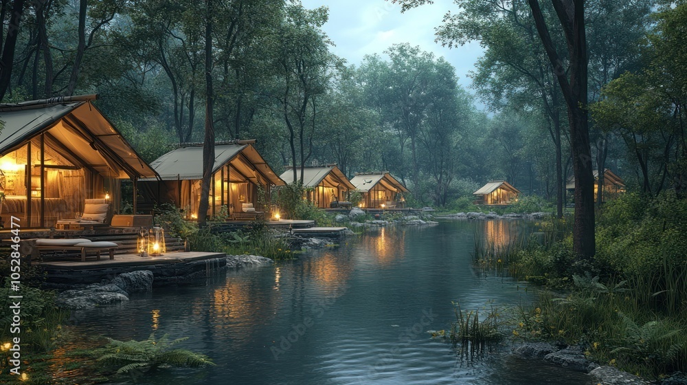 Fototapeta premium Serene glamping site by a tranquil river surrounded by trees.