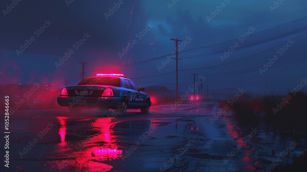 A lone police car with flashing lights parked on a dark, wet road at night A lone police car with flashing lights parked on a dark, wet road at night