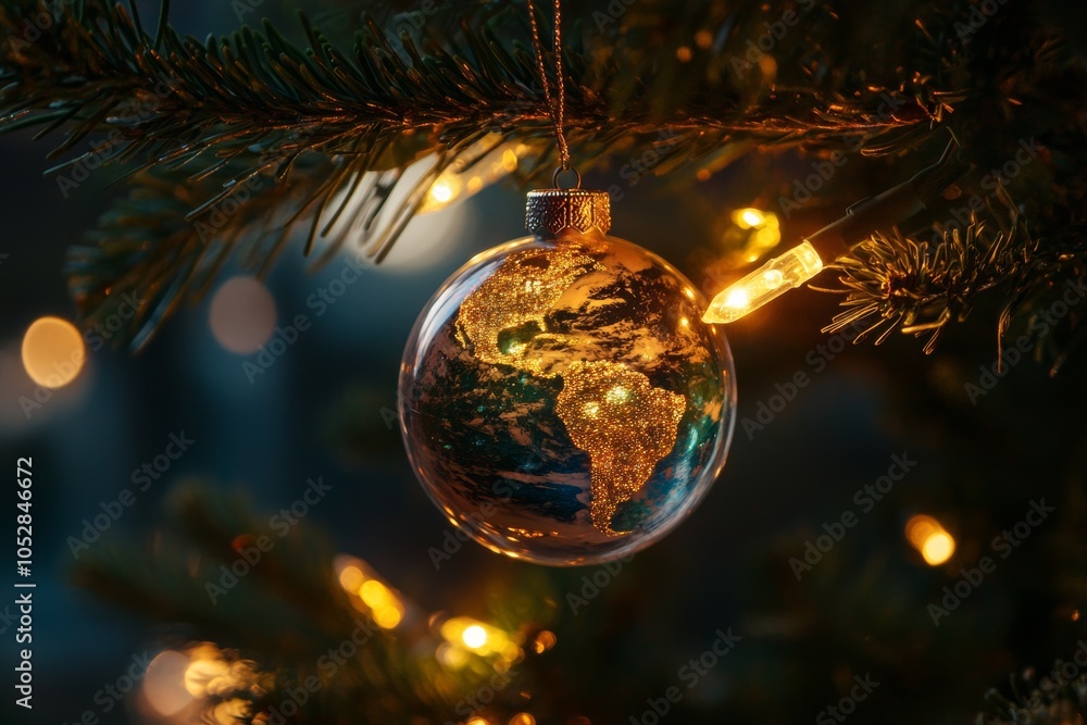 Earth-themed Christmas globe ornament hanging on a tree illuminated by warm glowing lights during the festive season Earth-themed Christmas globe ornament hanging on a tree illuminated by warm glowing lights during the festive season