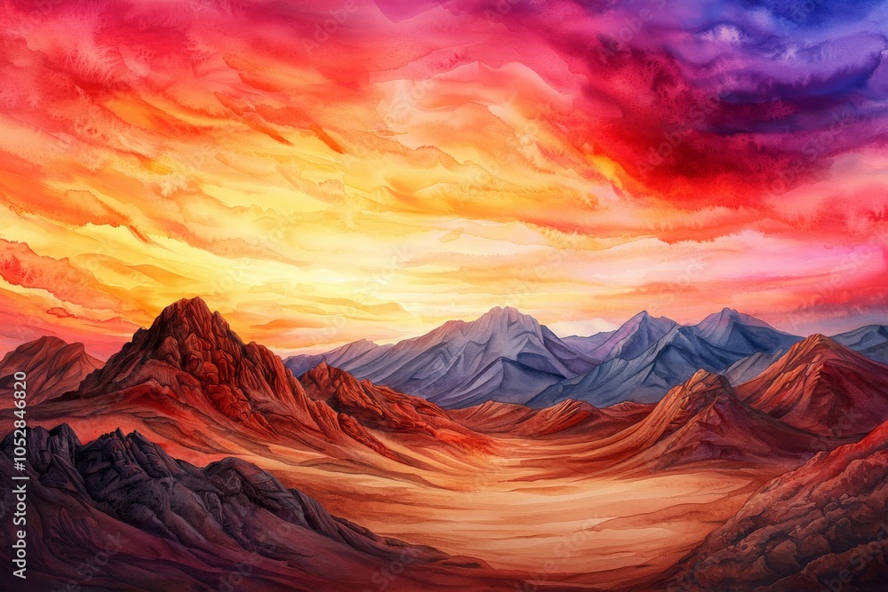 Naklejka premium Vivid Orange and Red Watercolor Mountain Landscape