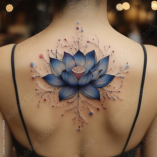 A woman with a blue lotus flower tattoo on her back. photo