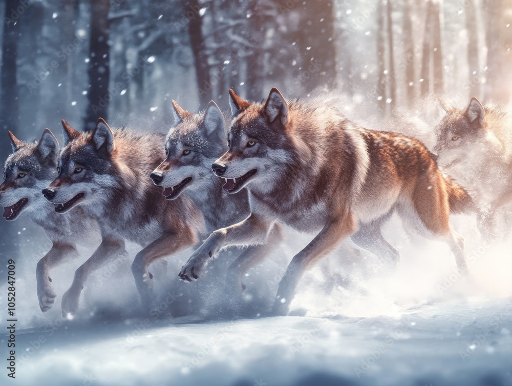 Naklejka premium A pack of wolves running through a snowy forest, their breath visible in the cold air as they move in perfect synchronization.