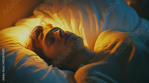 Sleep Problems scene illuminated by soft, clear lighting, showing a person tossing and turning in bed, struggling to fall asleep photo