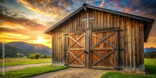 Rustic Wooden Barn Doors with CrossBrace Design - Vintage Charm and Farmhouse Aesthetics for Home Decor and Photography photo