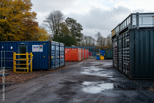 Construction site featuring container box offices and buildings, perfect for illustrating temporary work environments and project visuals photo