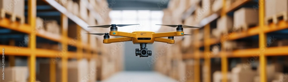 Automated warehouse drones scanning shelves, futuristic logistics solution Automated warehouse drones scanning shelves, futuristic logistics solution