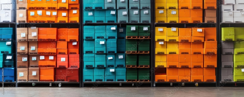 Fototapeta premium Warehouse with stacks of colorful boxes, neat and efficient, wellorganized stock