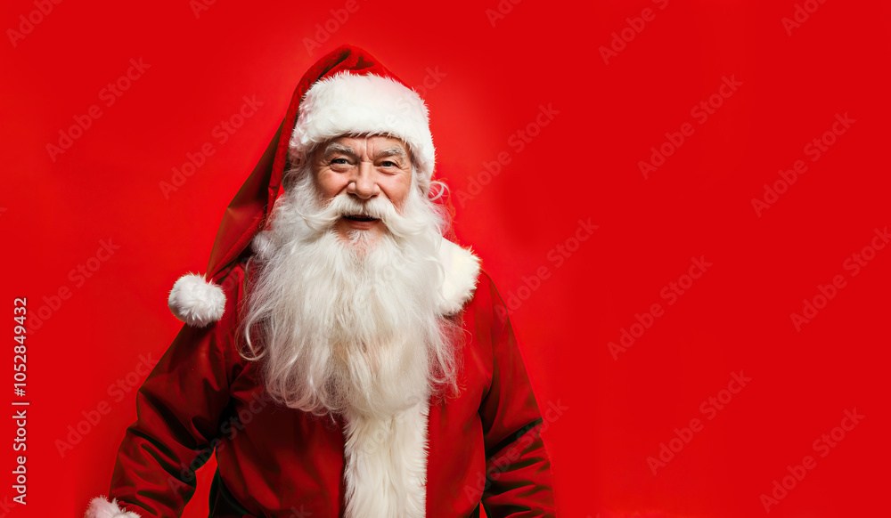 Naklejka premium portrait of a cheerful old man Santa Claus on the Christmas red background