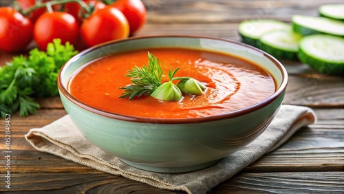 photo of tilted angle tomato soup with cucumber and dill in a bowl