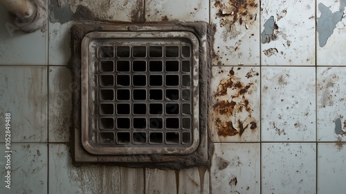 Wallpaper Mural A rusty floor drain on tiled surfaces, surrounded by grime and stains, showcasing neglect and decay in a damp environment. Torontodigital.ca