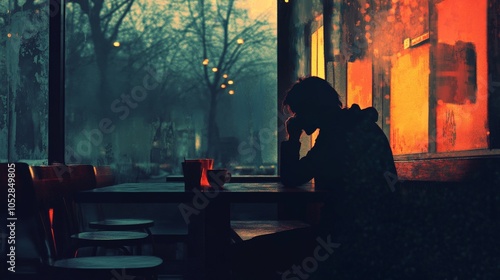 A person sitting in a dimly lit cafe, staring blankly into their cup of coffee, lost in thought and sadness.