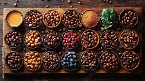 A variety of coffee beans and related ingredients arranged artistically. photo