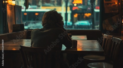 A person sitting in a dimly lit cafe, staring blankly into their cup of coffee, lost in thought and sadness. photo