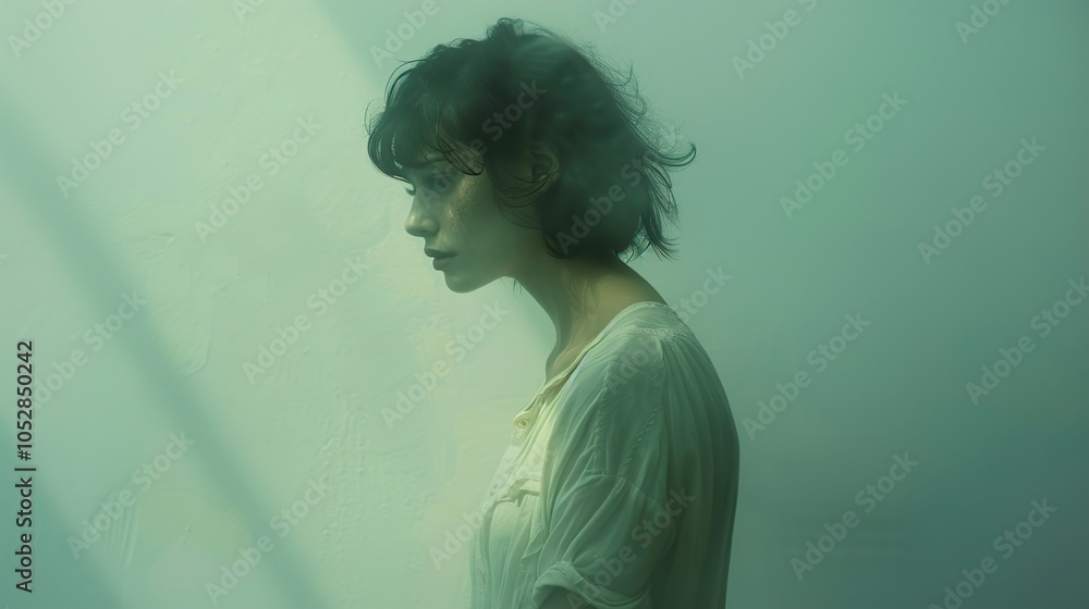 A Woman's Pensive Portrait in Green Light A Woman's Pensive Portrait in Green Light