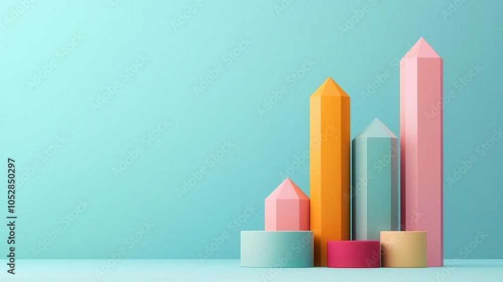 A vibrant arrangement of colorful geometric shapes representing growth and creativity against a soft teal backdrop. A vibrant arrangement of colorful geometric shapes representing growth and creativity against a soft teal backdrop.