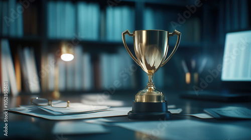 gold trophy sits prominently on desk, surrounded by financial documents and books, symbolizing achievement and success in professional environment