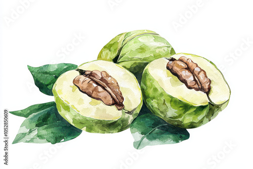 A watercolor illustration of green walnuts split open, revealing their brown inner nut and surrounded by leafy branches.