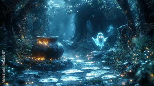 A Ghostly Encounter in a Mystical Forest with a Glowing Cauldron photo