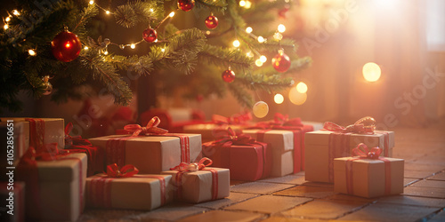 Christmas  scene with gifts being unwrapped under the tree and a joyful atmosphere  photo