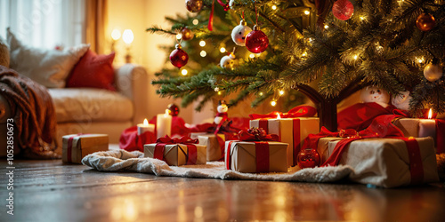 Christmas  scene with gifts being unwrapped under the tree and a joyful atmosphere  photo