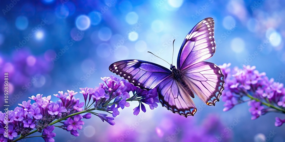 violet purple butterfly with flowers on a blue background violet purple butterfly with flowers on a blue background