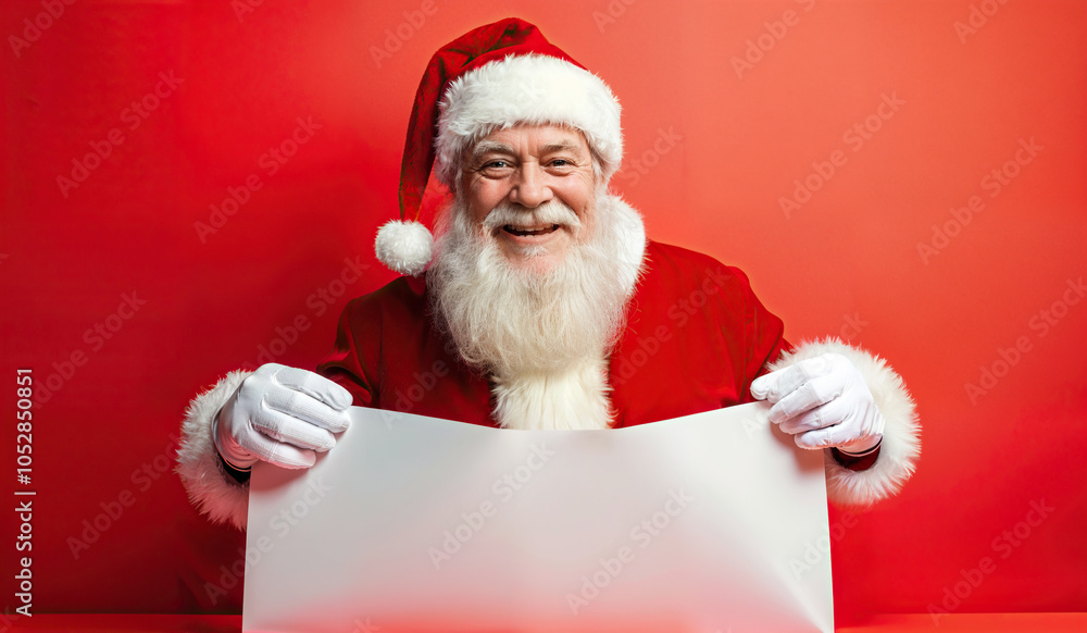 Naklejka premium portrait of a cheerful old man Santa Claus on the Christmas in white gloves He with piece of white paper on a red background