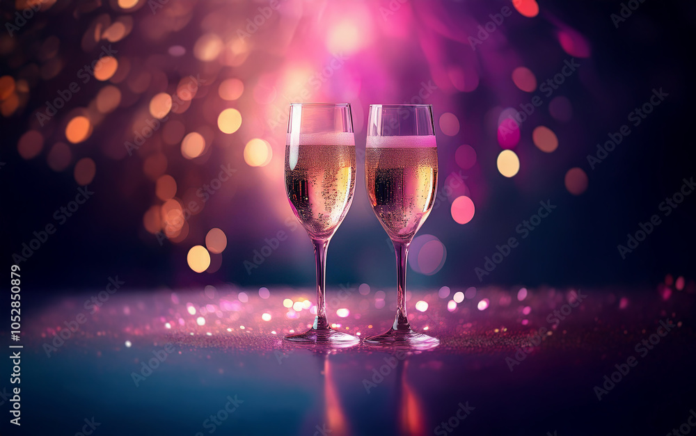 Two champagne flutes filled with sparkling wine stand on a table with shimmering sequins. The background is blurred with twinkling lights. Two champagne flutes filled with sparkling wine stand on a table with shimmering sequins. The background is blurred with twinkling lights.