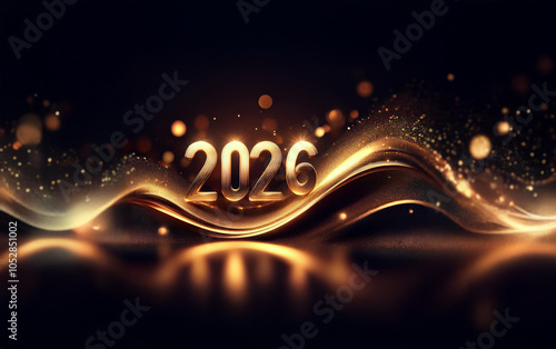 A shimmering gold wave with the year 2026 in bold, metallic lettering. The wave is illuminated from behind, casting a glow on the dark background.