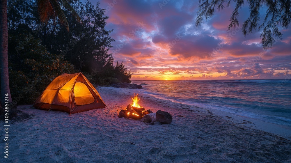 A serene beach campsite features a cozy tent glowing warmly against the backdrop of a vibrant sunset. Waves gently lap at the shore nearby. A serene beach campsite features a cozy tent glowing warmly against the backdrop of a vibrant sunset. Waves gently lap at the shore nearby.