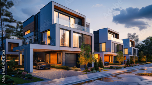 Luxury modern condo apartment complex exterior in upscale expensive neighborhood