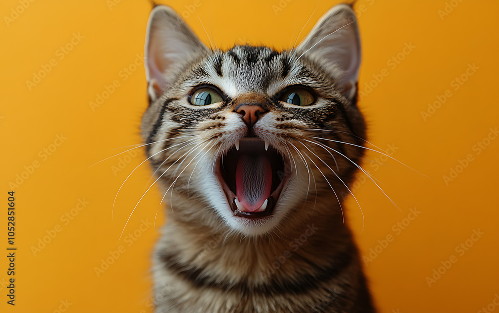 Adorable Cat Portrait: Screaming Expression on Yellow Adorable Cat Portrait: Screaming Expression on Yellow