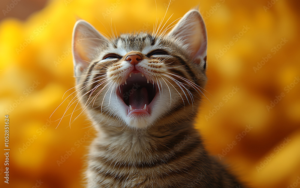 Adorable Cat Portrait: Screaming Expression on Yellow Adorable Cat Portrait: Screaming Expression on Yellow
