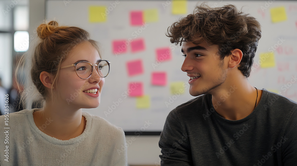 Fototapeta premium A young man and woman are smiling at each other