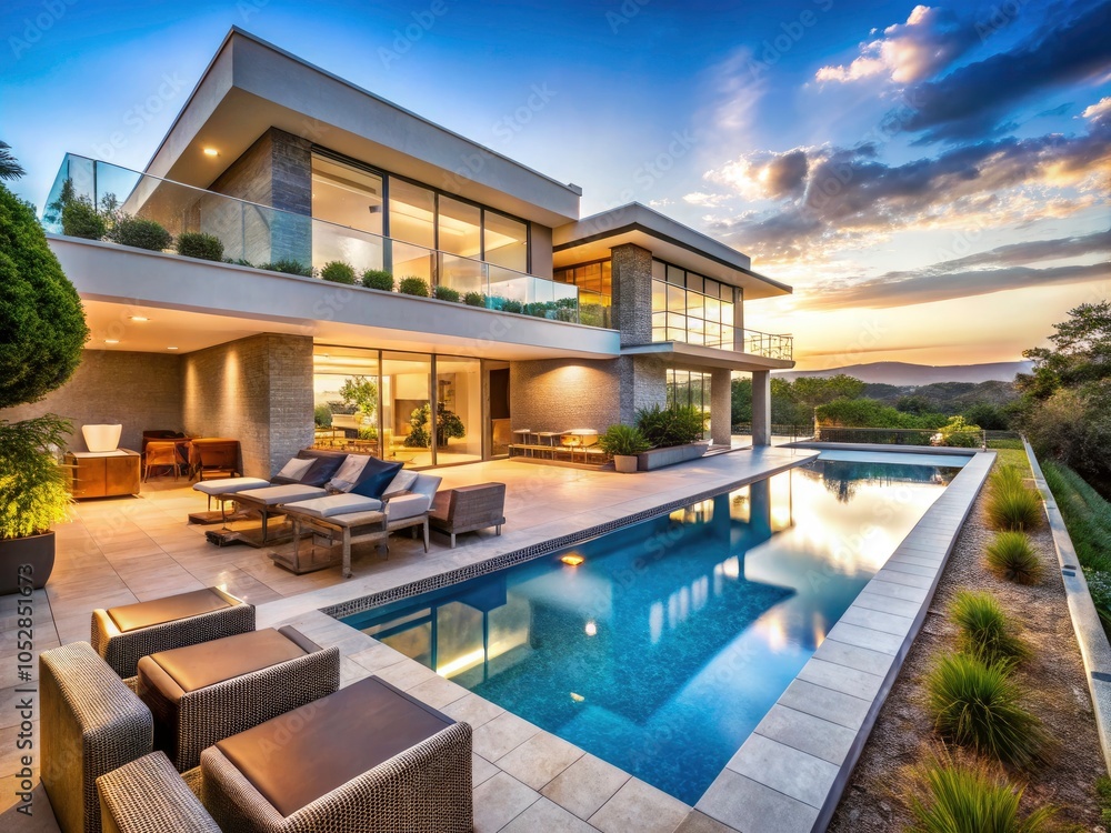 Stunning Panoramic View of a Modern Home with Swimming Pool Surrounded by Lush Landscaping and Outdoor Living Spaces, Ideal for Luxury Real Estate and Vacation Inspiration Stunning Panoramic View of a Modern Home with Swimming Pool Surrounded by Lush Landscaping and Outdoor Living Spaces, Ideal for Luxury Real Estate and Vacation Inspiration