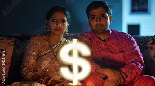 An Indian couple sits tensely on a couch, with expressions that convey a crisis in their relationship.  photo