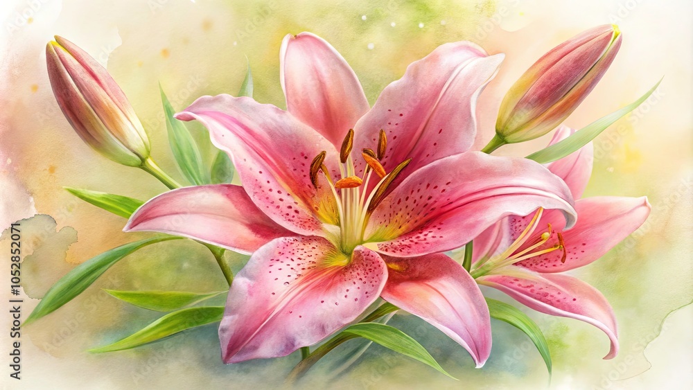Fototapeta premium Stunning Watercolour Pink Lily on White Background - Beautiful Floral Artwork for Home Decor, Stationery, and Nature Lovers