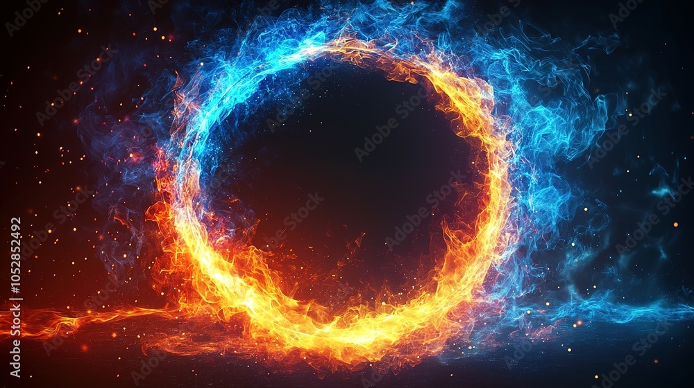Fototapeta premium Circular Flames of Fire and Ice on Black Background
