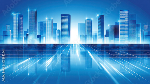 A city skyline is reflected in a body of water. The city is lit up with bright lights, creating a sense of energy and excitement. The reflection of the city in the water adds a sense of depth