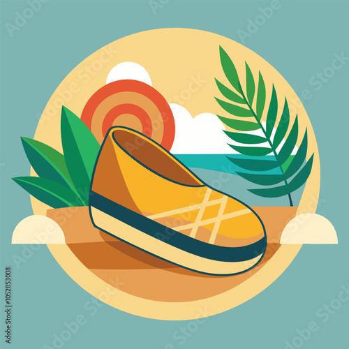 A pair of yellow sandals on a sandy beach with palm leaves and a setting sun in the background.